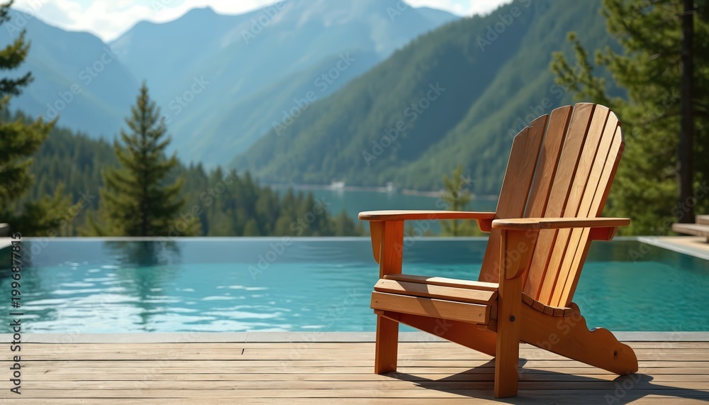Fototapeta premium Wooden Adirondack chair sits poolside with serene mountain lake backdrop. Infinity pool reflects blue sky and green forest. Peaceful outdoor relaxation setting.