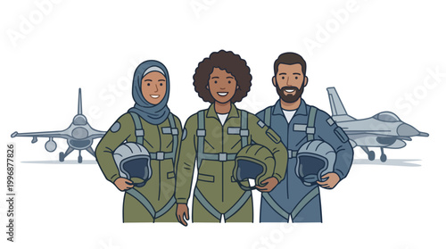 Diverse group of smiling military pilots in flight suits holding helmets standing proudly in front of modern fighter jets representing aviation industry careers and teamwork