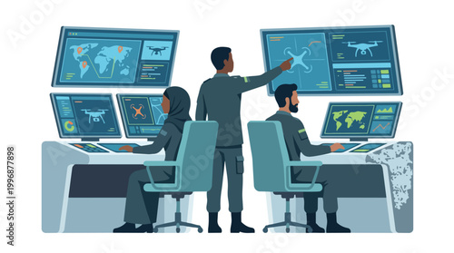 Diverse team of professionals operating a drone surveillance and control center with advanced technology and global mapping displays for military aviation industry operations