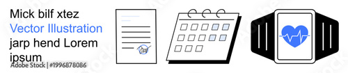Time management, organization, planning, healthcare, productivity, digital tools. Minimalistic icons of a document, calendar and smartwatch with a health tracker. Time management and healthcare