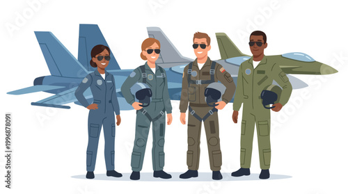 Diverse Team of Military Pilots Standing with Fighter Jets Aviation Industry Professionals Vector Illustration