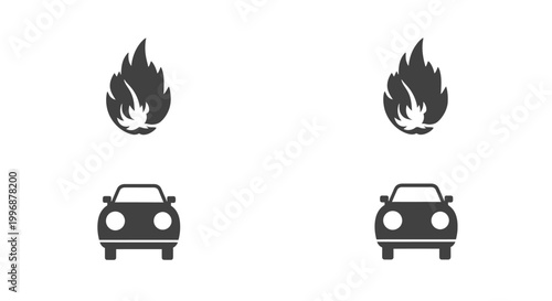 Car Fire Warning Safety Icons with Flame Symbol and Automobile on Isolated White Background