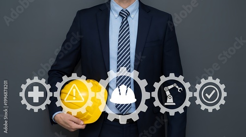 A man in a suit holds a yellow hard hat and is surrounded by interconnected gears with icons representing safety engineering automation and success industry construction technology