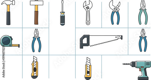 Various hand tools for construction and repair on a grid background