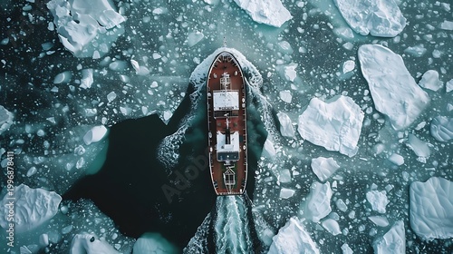 Icebreaker ship navigating through arctic waters with floating icebergs, aerial view