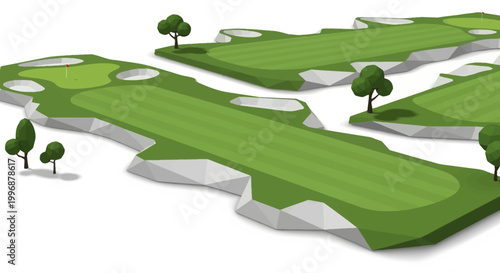 Isometric illustration of a golf course design, showcasing multiple greens and bunkers surrounded by stylized rock formations with scattered trees, set against a clean white background