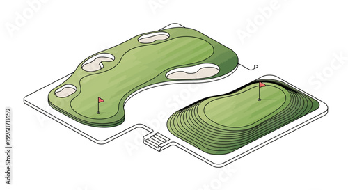 Isometric vector illustration showcasing a golf course design, complete with a sand bunker, water feature, and green, presented in a clean, minimalist style against a bright white