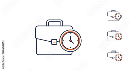 Set of outline business briefcase icons with an integrated clock face, symbolizing business time, deadlines, and professional commitments on an isolated white background.