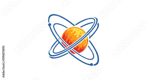 Abstract planet or globe icon with blue orbital rings, symbolizing global communication, science, and technology on an isolated white background.