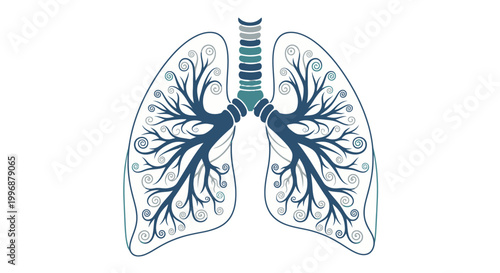 Stylized Blue Human Lungs Respiratory System with Intricate Branches on Isolated White Background