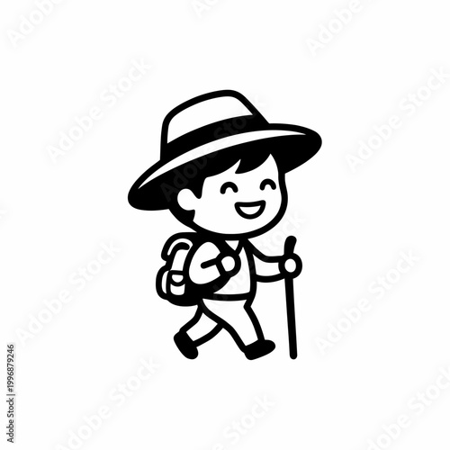 Cartoon child hiking with backpack.