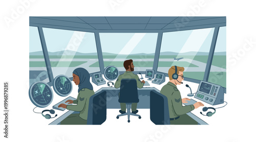 Military air traffic controllers monitoring radar screens in an airport control tower overlooking a runway with a plane taking off during a mission