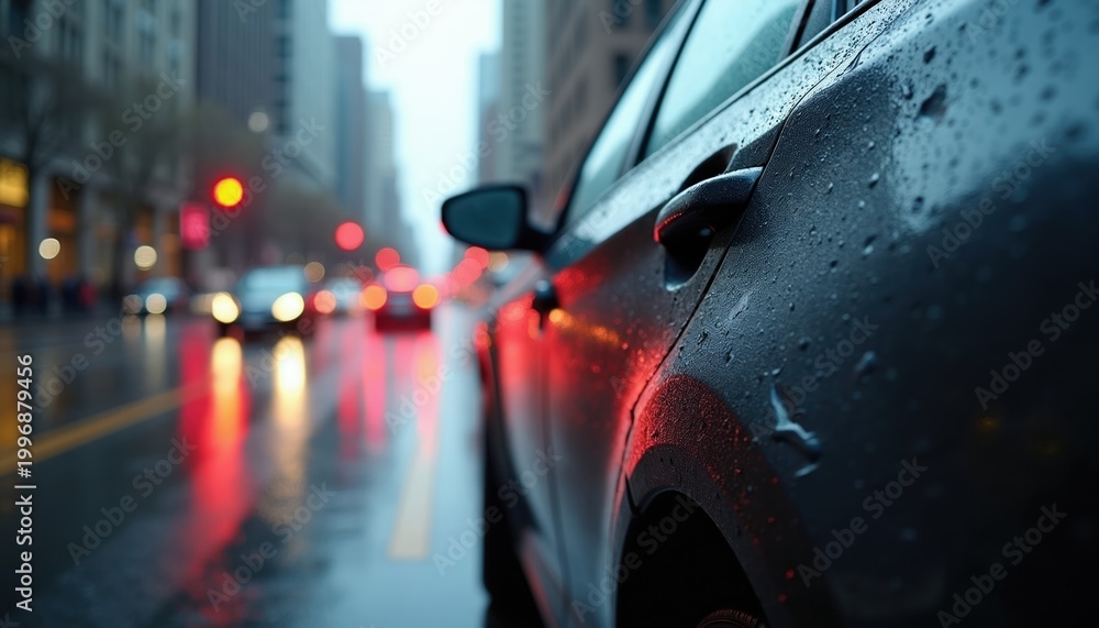 Fototapeta premium Close up on wet car door on rainy city street. Blurred urban traffic with red lights reflects on wet surface. Vehicle damage after traffic accident.