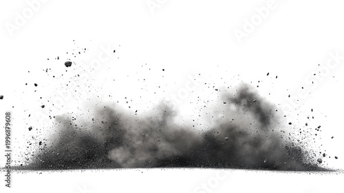 A cloud of debris exploding upward against a stark black backdrop