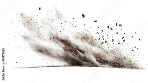 A cloud of dust and debris erupts against a black background, suggesting impact