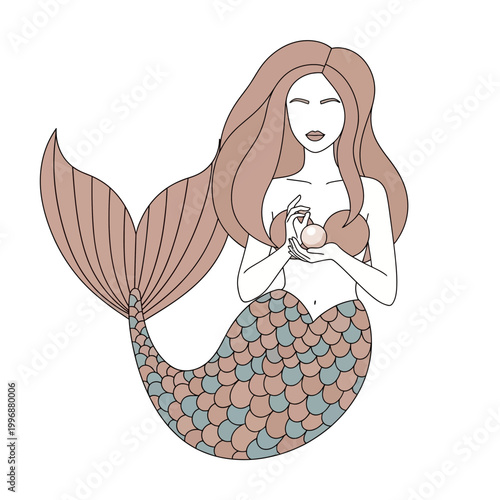 Elegant Mermaid Holding Pearl Illustration with Long Hair and Shimmering Tail