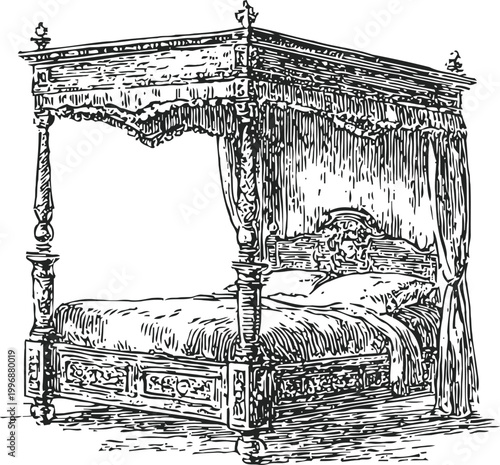 Ornate vintage four poster bed with carved wooden frame and draped curtains, antique bedroom furniture design