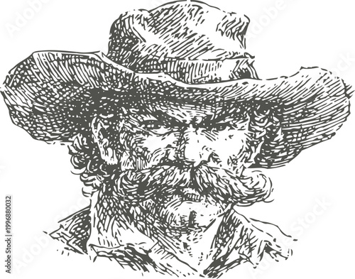 Vintage wild west cowboy portrait with hat and mustache detailed ink sketch art
