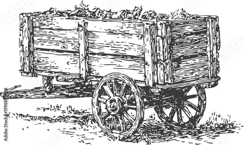 Vintage wooden cart with large wheels and detailed craftsmanship, rustic hand drawn illustration