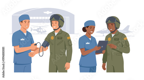 Illustration of military pilots undergoing medical checkups with doctors in scrubs featuring blood pressure monitoring and digital tablet consultation in an aviation hangar setting