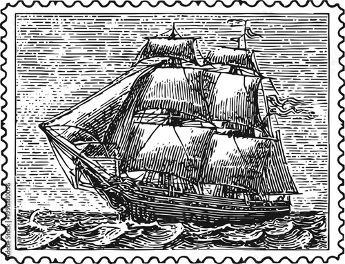 Vintage sailing ship on ocean waves, classic tall ship with billowing sails engraved illustration