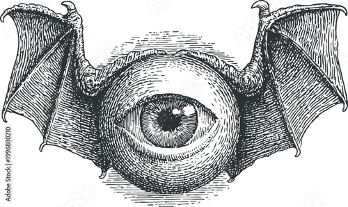 Surreal illustration of a large eye with bat wings, vintage detailed drawing, fantasy and gothic concept