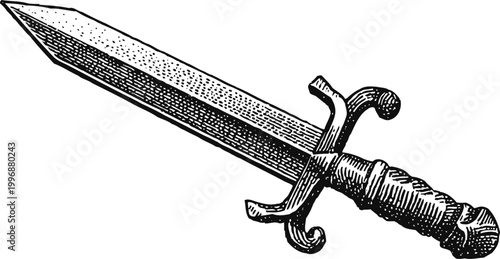 Medieval sword drawing vintage hand drawn weapon illustration with detailed hilt and straight blade