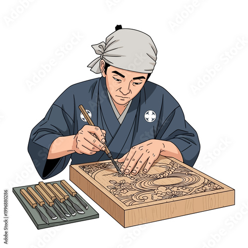 Japanese craftsman carving traditional woodblock with precision