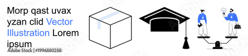 Education, equality, balance, decision-making, academic success, career planning. A cube, graduation cap and two figures balance. Education and equality through visual elements