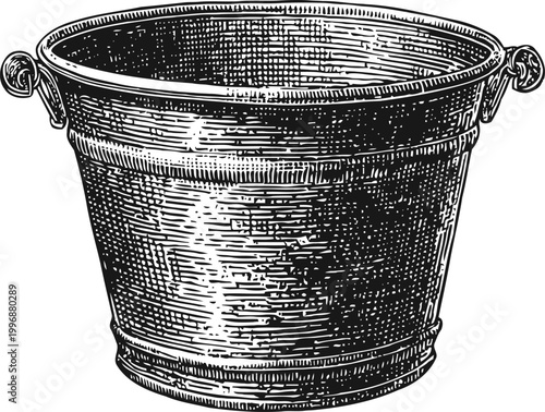 Metal bucket with handles vintage rustic pail container illustration in black and white engraving