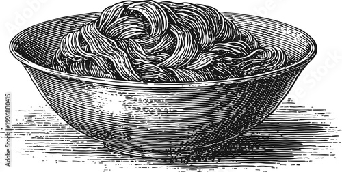 Bowl of noodles vintage illustration traditional food served in deep round dish detailed black and white line art engraving