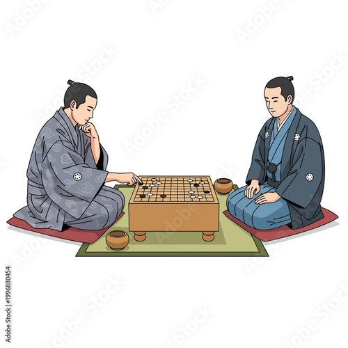Japanese Men in Kimono Playing Traditional Go Board Game