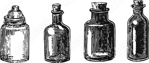 vintage glass bottles collection antique apothecary jars and jars with cork stoppers hand drawn