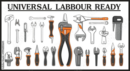 Various hand tools for universal labour and repair work displayed