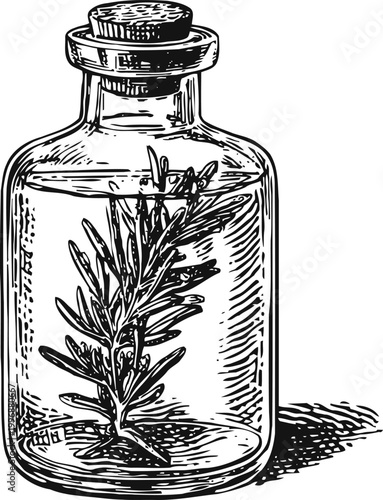 Vintage glass bottle with cork stopper containing a sprig of rosemary herb inside