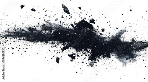 Abstract dark smoky trail against a black background, particles scattering