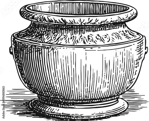 antique ceramic pot with wide rim and rounded body vintage hand drawn illustration