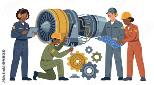 Diverse team of engineers and technicians working on a jet engine with blueprints and tablet, representing aviation industry and technological innovation