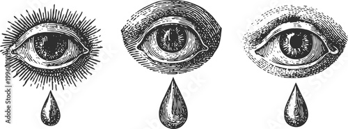 Vintage eye illustrations with teardrops hand drawn black and white eyes showing sadness and emotion