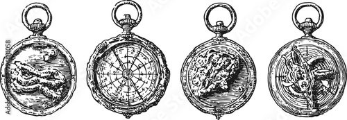 Vintage compass and pocket watch sketches nautical navigation instruments with intricate details antique marine tools set
