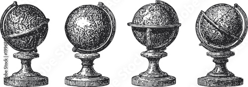 vintage antique globes set hand drawn old world maps on classic pedestal stands retro cartography collection