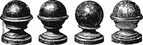 vintage metal finials and ornamental sphere elements set, detailed line art, antique architecture decor