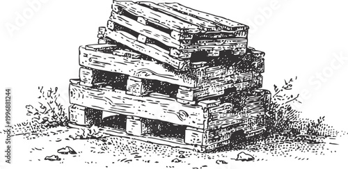 Stacked wooden pallets with rustic texture and rough surface, hand drawn vintage illustration