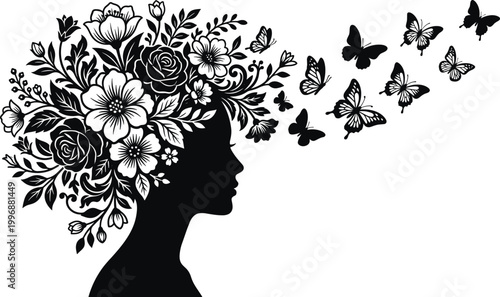 Flat vector illustration, woman head silhouette, floral hair design, butterflies flying outward, creative transformation artwork, freedom harmony nature elegance
