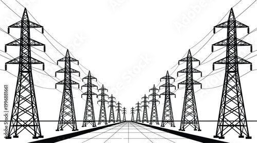 Flat vector illustration, transmission towers silhouettes, high voltage power lines artwork, industrial infrastructure design, geometric perspective grid, black white contrast icon