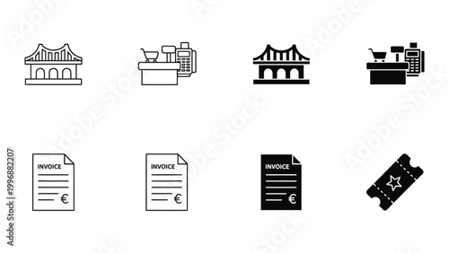 Illustrations depicting various financial and transactional concepts with icons and invoices