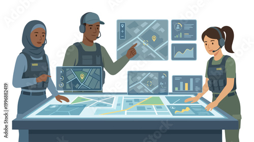 Military intelligence team analyzing tactical maps and data on a futuristic command center display table with holographic projections and screens