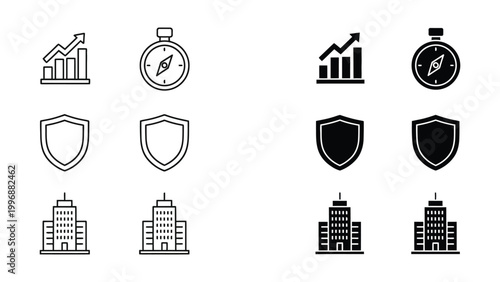 Collection of icons representing business, security, growth, and corporate concepts