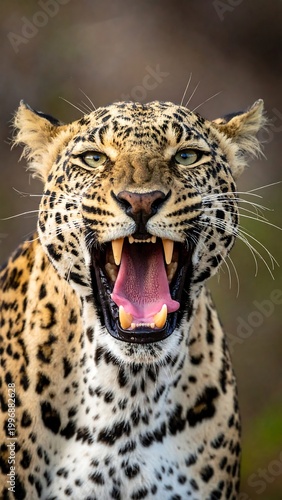 Close-up of a leopard showing its teeth. Its spotted coat is visible, and the cat appears to be roaring or yawning. The background is out of focus