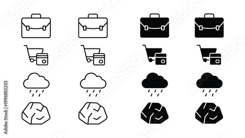 Variations of icons depicting briefcase, shopping cart, rain cloud, and recycling bin in different styles